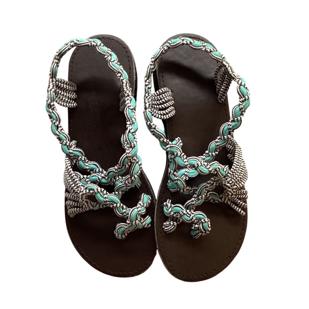 Womens Flat Sandals Bohemian Braided Turquoise White Black Thong Toe